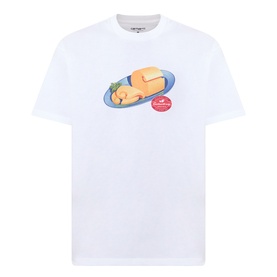 Carhartt white crew neck T-shirt in 100% cotton, featuring a printed hot dog on a plate graphic at the chest.