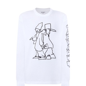 Carhartt white long-sleeve crew neck T-shirt with black outline graphic print of two figures and sleeve text detail