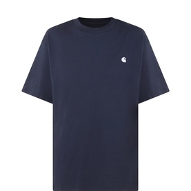 Carhartt navy crew neck T-shirt in 100% cotton, featuring small white logo embroidery at chest, short sleeves, relaxed fit