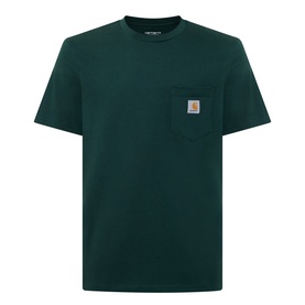 Carhartt crew neck T-shirt in Dark Scarab green, 100% cotton, with chest patch pocket and signature logo badge.