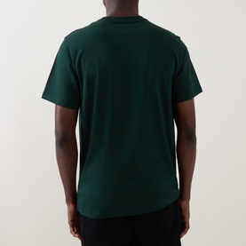 Model wearing Carhartt Crew Neck T in Dark Scarab green, rear view, short sleeves, relaxed fit, 100% cotton.