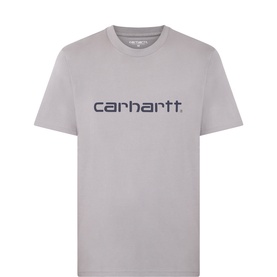 Carhartt grey crew neck T-shirt with navy logo script print on chest, 100% cotton, short sleeves
