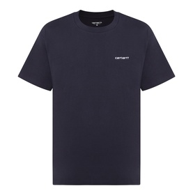 Carhartt dark navy crew neck T-shirt in 100% cotton with small white script logo embroidered on chest