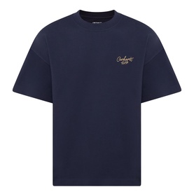 Carhartt Signature Script Logo T-Shirt in dark navy, crew neck, short sleeves, with gold script logo embroidery on chest