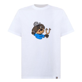 Carhartt white crew neck T-shirt with cartoon bear graphic holding a horseshoe, 100% cotton