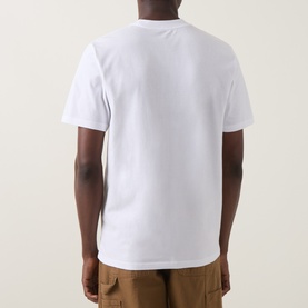 Model wearing Carhartt white crew neck T-shirt, back view, styled with tan cargo shorts. 100% cotton construction.