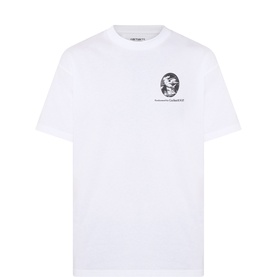 Carhartt white crew neck T-shirt with small graphic print and script text at chest, 100% cotton