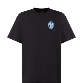 Carhartt black crew neck T-shirt with small blue graphic logo print on chest, short sleeves, relaxed fit