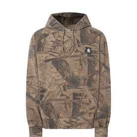Carhartt Feather Three Logo Drawstring Hoodie in multi camo print with pouch pocket, ribbed trims, drawstring hood and logo patch