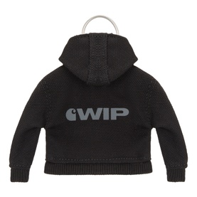 Carhartt black cotton knit hoodie-shaped key ring with silver metal loop, featuring grey WIP logo on reverse