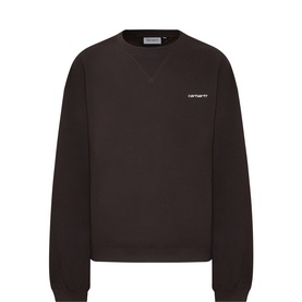 Carhartt brown crew neck sweatshirt with small white logo script on chest, ribbed cuffs and hem, relaxed fit