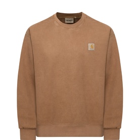 Carhartt Vista Logo Sweatshirt in brown, crew neck with ribbed trims, dropped shoulders, and tonal logo badge patch on chest