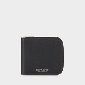 Carhartt black leather zip-around wallet with silver-tone zip and logo lettering, shown flat against white background.