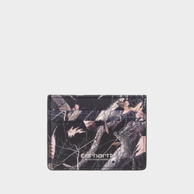 Carhartt multi-coloured leaf print leather cardholder wallet with logo branding, flat lay view