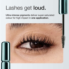 Clinique High Impact High-Fi Full Volume Waterproof Mascara in Intense Black, close-up of defined, voluminous lashes with wand and tube visible