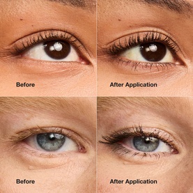 Clinique High Impact High-Fi Full Volume Waterproof Mascara Intense Black before and after application on brown and blue eyes showing volume and