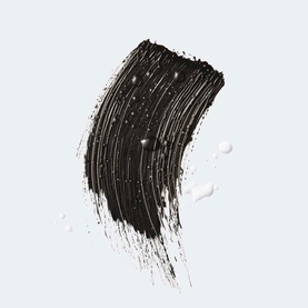 Clinique High Impact High-Fi Full Volume Waterproof Mascara in Intense Black, shown as a brush swatch with glossy black texture and shimmer flecks.