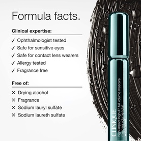 Clinique High Impact High-Fi Full Volume Waterproof Mascara in Intense Black with formula facts and clinical claims on teal packaging.
