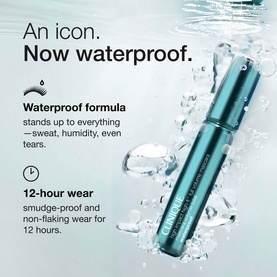 Clinique High Impact High-Fi Full Volume Waterproof Mascara in Intense Black, teal tube shown with water splashes highlighting waterproof formula.