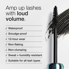 Clinique High Impact High-Fi Full Volume Waterproof Mascara in Intense Black with wand shown and key benefits listed including 12-hour wear.