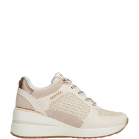 Carvela Divina Wedge Trainers in white with woven fabric panels, gold logo detail, and chunky white wedge sole