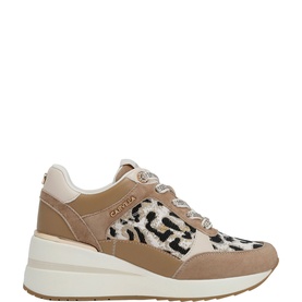 Carvela Divina Wedge Trainers in brown with leopard-print panels, lace-up front, and chunky white wedge sole
