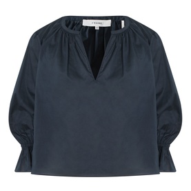 FRAME DENIM navy cotton blouse with V-neckline, gathered yoke, and flared three-quarter length sleeves