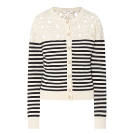 FRAME DENIM The Coastal Striped Cardigan in Cream Multi with black stripes, crochet shoulder detail, crew neck, and button fastenings