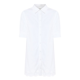 FRAME DENIM white short-sleeve shirt dress with broderie anglaise hem detail, point collar, and button-through front