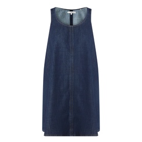FRAME DENIM Dress in Duomo blue denim, sleeveless A-line silhouette with centre seam detail and scoop neckline