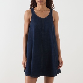 Model wearing FRAME DENIM Dress in Duomo, sleeveless scoop-neck mini style with A-line silhouette in dark navy washed fabric