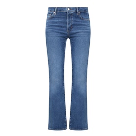 FRAME DENIM Flare Jeans in Provence blue denim, cropped flare leg, five-pocket styling, flat lay product shot
