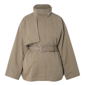 FRAME DENIM army cotton jacket with high funnel neck, asymmetric front panel and silver-tone belted waist
