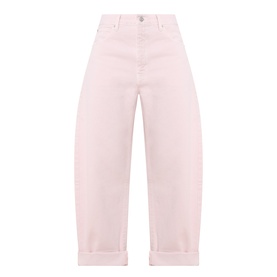 FRAME DENIM jeans in Taffy pink, high-waist, wide-leg silhouette with turn-up cuffs, 100% cotton denim