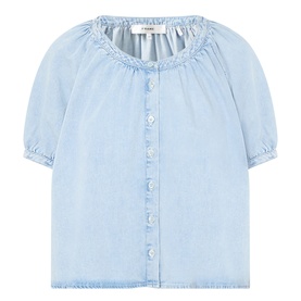 FRAME DENIM shirt in Haven light blue denim, ruched round neckline, puff sleeves, button-front placket
