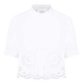 FRAME DENIM white cropped short-sleeve shirt with broderie anglaise scalloped hem detail, concealed button placket
