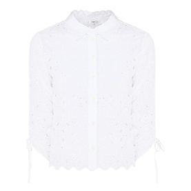 FRAME DENIM The Paisley Eyelet Cinch-Sleeve Shirt in white with all-over eyelet detail, scalloped hem, and adjustable cinched sleeves.