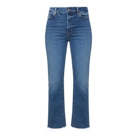 FRAME DENIM Straight Jeans in Daylily Raw Fray, mid-blue denim with high waist, cropped length and raw fray hem