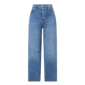 FRAME DENIM Gossamer straight-leg jeans in mid-blue wash, high-rise waist, wide leg, five-pocket styling, flat lay