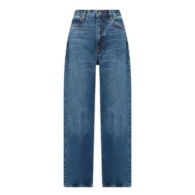 FRAME DENIM The Bow High-Rise Wide Leg Jeans in Obscura, mid-blue wide-leg denim with whiskering, faded details, and five-pocket style