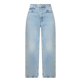 FRAME DENIM straight jeans in Coastal light blue wash, high-rise waist, relaxed wide leg, five-pocket style, 100% cotton denim