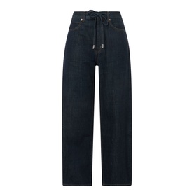 FRAME DENIM The Off Duty Drawstring Bow High-Rise Barrel Jeans in Rinse, wide-leg barrel silhouette with drawstring bow waist and five-pocket style