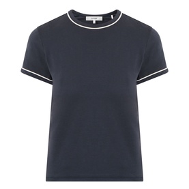 Frame Denim navy cotton T-shirt with contrast white tipping at crew neck and cuffs, short sleeves