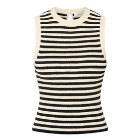 FRAME DENIM Coastal Stripe Tank Top in Cream Multi, sleeveless knit with black horizontal stripes, round neckline and ribbed trims