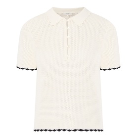 Frame Denim Cream Multi crochet-knit polo top with short sleeves, half-zip placket, and contrast navy scalloped hem trim.