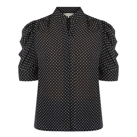 FRAME DENIM Gillian Polka Dot Blouse in black multi with white polka dots, standing collar, elbow-length ruched puff sleeves, concealed placket