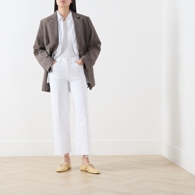 Model wearing FRAME DENIM White Raw Fray Wide Leg Jeans with a white shirt and grey blazer, styled with yellow mules.