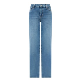 FRAME DENIM Le Slim Palazzo High-Rise Wide Leg Jeans in Gossamer blue, five-pocket style with whiskering, faded details and tobacco stitching