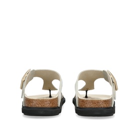 Birkenstock cream sandals, rear view showing cork footbed, dual buckle straps and black outsole