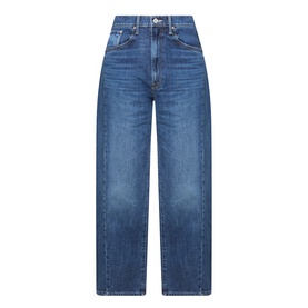 Mother Half Pipe High-Rise Ankle Jeans in Did You Bring Me Anything, wide-leg mid-blue denim, ankle length with belt loops and logo patch.